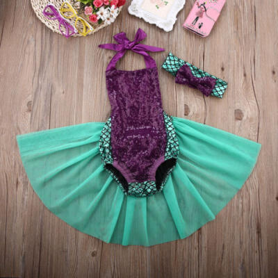 

2PCS Newborn Baby Girl Mermaid Bodysuit Tulle Dress Romper Jumpsuit Outfit