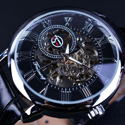 

Forsining Men Watches Top Brand Luxury Mechanical Skeleton Watch Black Golden 3D Literal Design Roman Number Black Dial Designer