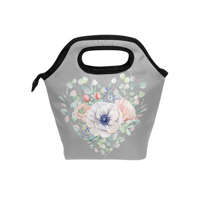 

Lunch Bag Floral Heart Tote Travel Picnic Insulated Handbags Portable Zipper Lunch Bag Box