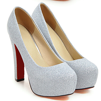 

IDIFU Womens Sexy Sequins Round Toe Chunky High Heel Bridal Shoes Platform Slip on Pumps