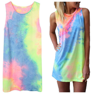 

Mymei Women's Summer Sleeveless Shiny Tie-dye Round Neck Rainbow Long Top Mini Dress