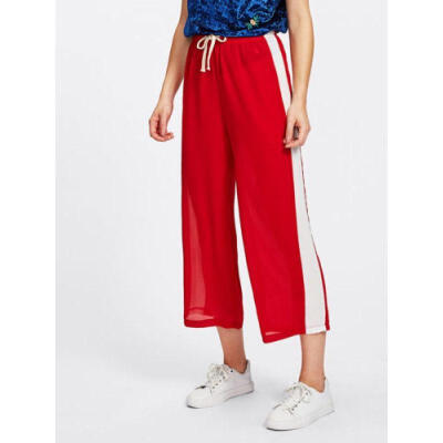 

Women Casual Wide Leg Trousers Side Striped Panel Drawstring Waist Crop Pants