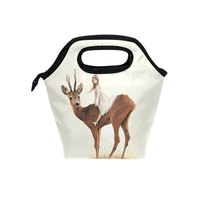 

Lunch Bag Deer And Girl Tote Travel Picnic Insulated Handbags Portable Zipper Lunch Bag Box