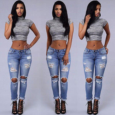 

Sexy Women Denim Skinny Pants High Waist Hole Ripped Trousers Slim Pencil Jeans