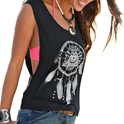 

MyMei Sexy Dreamcatcher Printed Summer Blouse Sleeveless Crop Tank Tops Vest Tee Shirt