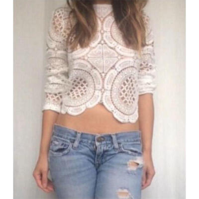 

Women Sheer Sleeve Embroidery Lace Crochet Tee Shirt Casual Top Blouse Fashion