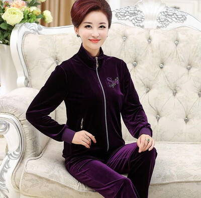 

Middle aged&old gold velvet set really two piece jackets zipper womens dress mothers dress elastic belt trousers&au
