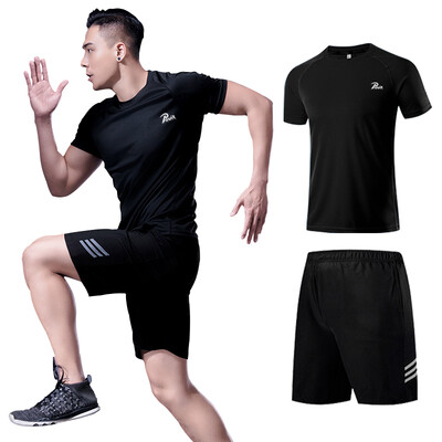 

Puwei special POVIT sports suit mens fitness clothing tight breathable moisture wicking running training gym quick-drying clothes shorts short sleeves all black two-piece  code P-818