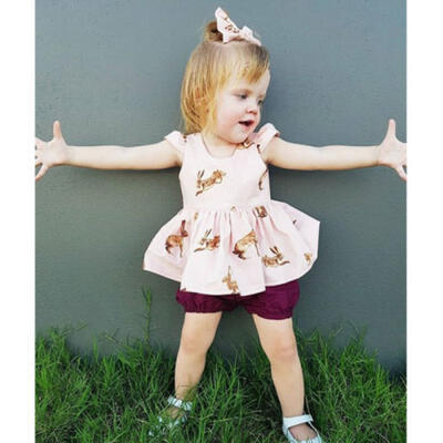 

1-6T Toddler Baby Girls Rabbit Fly Sleeve Tops Mini DressLantern Shorts Outfits