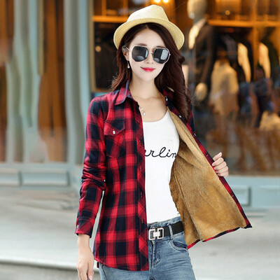 

Langyue womens 2018 winter new Korean version plus velvet shirt female warm shirt plaid student jacket bottoming shirt LWCC188445 red black M