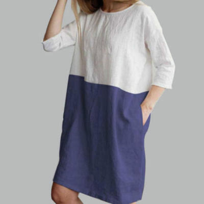

Baggy Womens Pure Color Casual Short Sleeve Cotton Linen Ladies Tunic Tops Dress