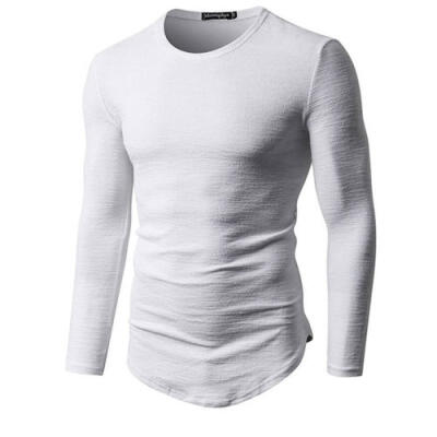 

Men Spring Long Sleeve Cotton O-neck Casual Pleated T-Shirt Slim Fit Top Showy