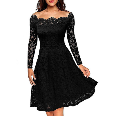 

Womens Vintage Floral Lace Long Sleeve Dress Boat Neck Cocktail Formal Swing Dress