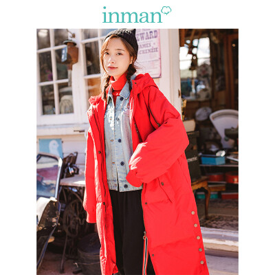 

INMAN 2018 winter new style plus velvet hood long section over the knee windproof warm thick down jacket jacket female 1884121170 red