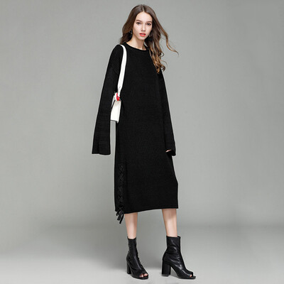 

PREISEI Autumn Winter Women Elegant Casual Loose Warm Solid O-Neck Long Sleeve Thick Mid-Calf Sweater Dress Vestido