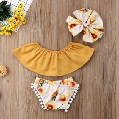 

Flowers Newborn Baby Girl Off Shoulder Crop Tops Shorts Headband Outfits Clothes