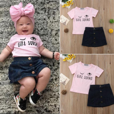 

2PCS Newborn Kid Baby Girls Top T-shirt Denim Skirts Sundress Outfit Clothes Set