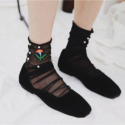 

Fashion Women Ruffle Pearl Ankle High Socks Flower Lace Fish Net Short Socks