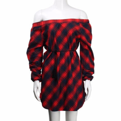 

Womens Check Shirt Dress Womens Tartan Plaid Long SleeveOff Shoulder Mini Dress