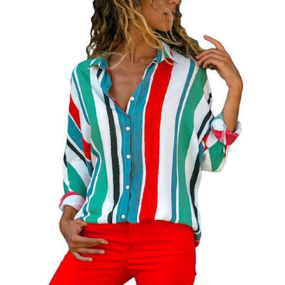 

Women Lady V Neck Loose Button up Color Block Stripes Blouse T Shirt Casual Tops