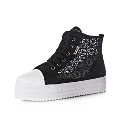 

Girl Lace Round Toe hollow Platform Wedge Shoes High top Casual Sneaker