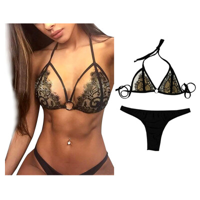 

MyMei Women's Sexy Black Lace Halter Straps Bikini Swimwear Two Pieces High-quality