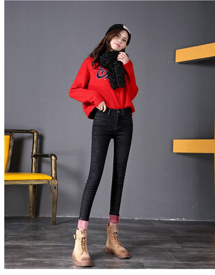 

Korean version winter nine point trousers high waist with fleece thickened warm warmth stretch skinny leg pencil jeans women N0016