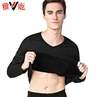 

Yalu thermal underwear mens thickening plus velvet autumn clothes long pants suit de velvet thick warm underwear couple suit male V-neck black