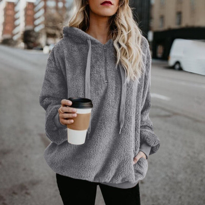 

New Fashion Autumn Winter Women Solid Color Zipper Hoodies Long Sleeve V-neck Sweaters Casual Keep Warm Pocket Tops Plus Size