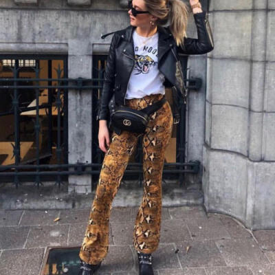 

US Women Sexy Snake Print Pants Fashion Wide Leg Trousers Loose High Waist Pants