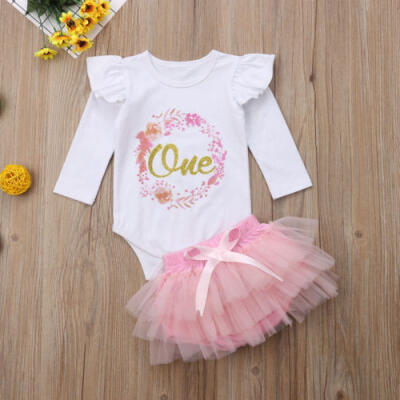 

Toddler Baby Girl 1st Birthday Romper Tops Party Dress Outfits Tutu Skirt Set