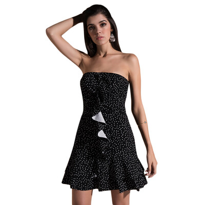 

Sexy Strapless Sleeveless Polka Dot Print Ruffle Women A-line Dress