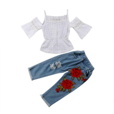 

Floral Toddler Kids Baby Girls Clothes Outfits Lace Tops Hole Denim Pants Set