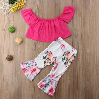 

2-7Y Kid Baby Girls Off Shoulder Tops T-shirt Bell-Bottom Pants Outfits Clothes