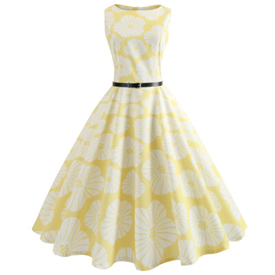 

Hepburn Vintage Series Dress Spring And Summer Fashion Floral Printing Design Sleeveless Belt Retro Corset Women Dress