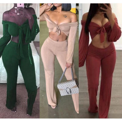 

2pcs V-neck Sexy Women Long Sleeve TopPants Club Party Bodycon Jumpsuit Rompers