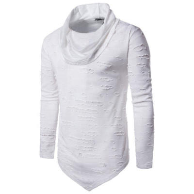 

New Fashion Mens Long Sleeve Ripped Pullovers T-Shirt Pure Color Hip hop Clothes