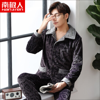 

Antarctic pajamas mens thick flannel can be worn outside autumn&winter long-sleeved pajamas home service male coral velvet lapel cardigan suit male brown cut flowers blouse pants