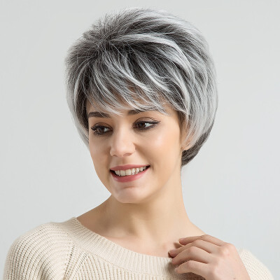 

BLONDE UNICORN 6" Short Synthetic Grey Hair Fake Wig With Side Fringe Dark Root Ombre Light Gery Artificial Wigs for Women