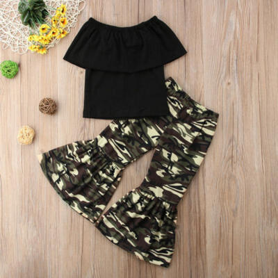

Toddler Baby Girls Summer Clothes Off-shoulder TopsFlared Pants Bell Bottom Set