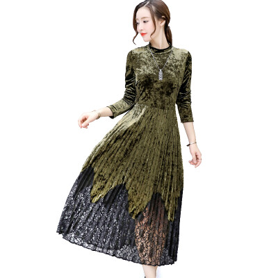 

Autumn&Winter New Self-Cultivation Waist High-Necked Gold Velvet Long-Sleeved Pleated Dress