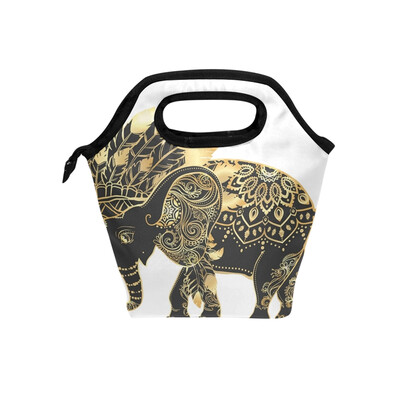 

Lunch Tote Bag Black Elephant Travel Picnic Insulated Lunch Handbags Portable Zipper Lunch Bag Box