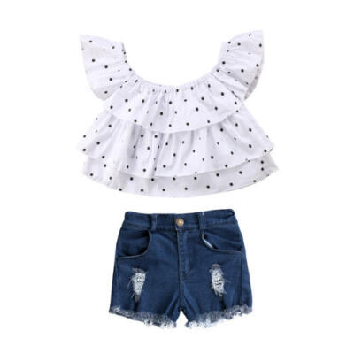 

Newborn Baby Kids Girl Clothes Off Shoulder T Shirt TopsDenim Pants Outfits Set