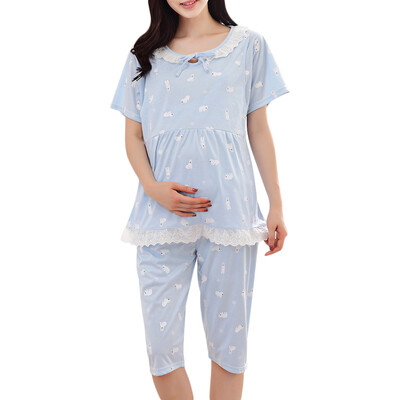 

Casual Round Collar Short Sleeve Print Lace Cotton Pajamas Pregnant Women Mother Home Wear