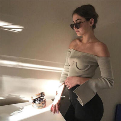 

Fashion Womens Off-shoulder Long Sleeve Casual Blouse Slim Solid Tops T-Shirt