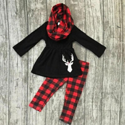 

UK Stock 3PCS Kids Baby Girls Outfits T-shirt Dress Pants Xmas Clothes Set 1-6Y