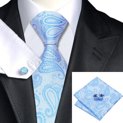 

N-0476 Vogue Men Silk Tie Set Blue Paisley Necktie Handkerchief Cufflinks Set Ties For Men Formal Wedding Business wholesale