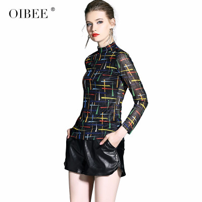 

OIBEE2018 autumn new womens fashion printing stretch knit mesh half-high collar long-sleeved T-shirt women