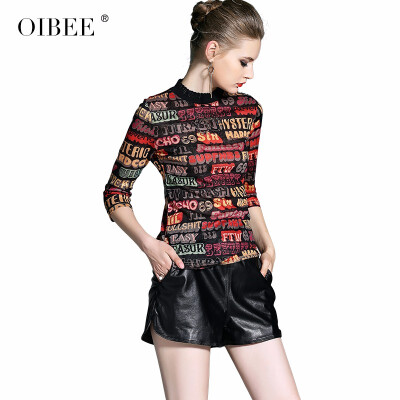 

OIBEE2018 autumn womens new early autumn clothes round neck small letter t-shirt modal half-high collar bottoming shirt