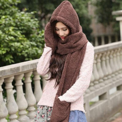 

New Gloves With Pocket Fluffy Hood Scarf Earflap Hat Winter Warm Women Ladies